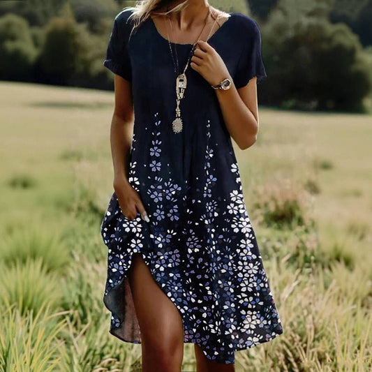 Floral Patterned Dress in Cotton Polyester Blend – Short Sleeve Knee Length Dress