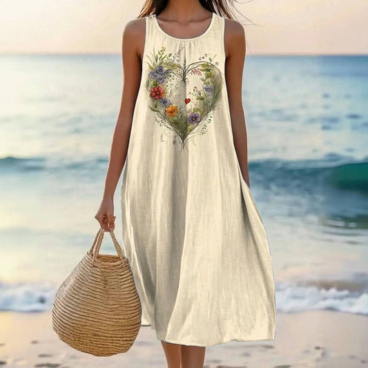 Vintage Dress with Heart Print – Sleeveless, Round Neck, Midi Skirt for Spring and Summer