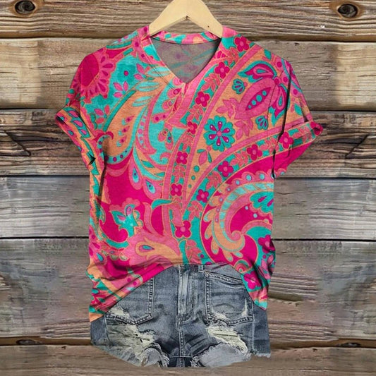 Vintage T-shirt with Floral Print – Short-sleeved V-neck in Cotton and Polyester